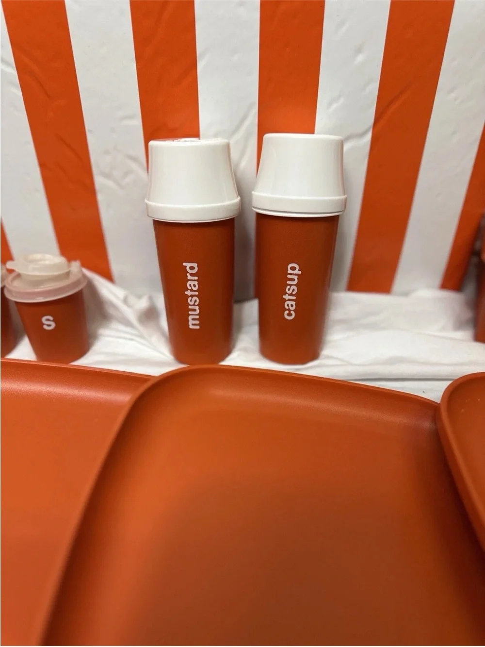 Vintage Tupperware Picnic Set Orange & White Plates, Pitcher, Bowls, Condiment
